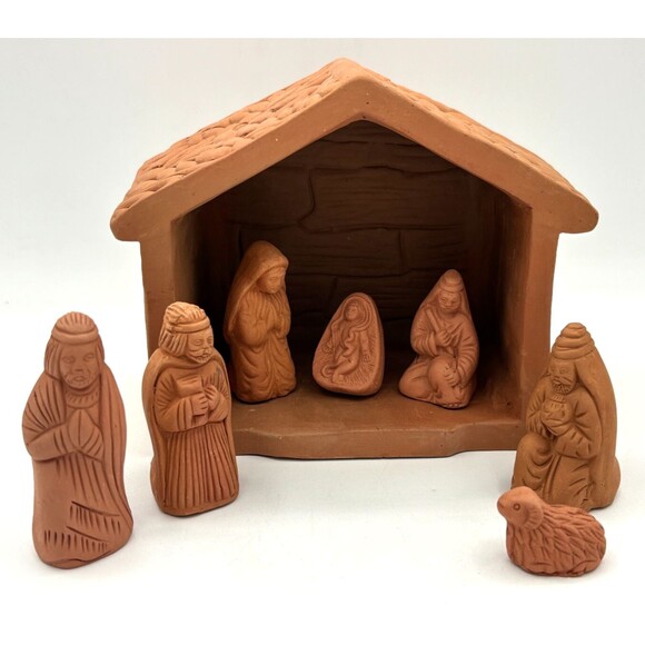 Terra Cotta Handmade Nativity Set 8 Piece Christmas‎ Jesus Mary Joseph Primitive - Picture 1 of 16